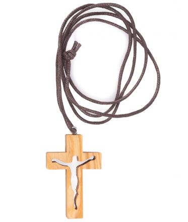 image:Image Křížek dřevěný s výřezem + kožená šňůrka
