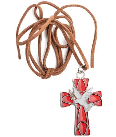 image:Image Kříž kovový s Duchem Svatým a řemínkem, červený