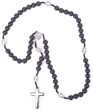 image:Image Růženec onyx, šňůrka, medailka Panny Marie, kříž hematit