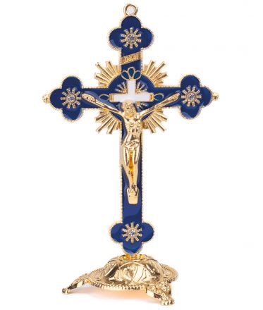 image:Image Kříž stojací kovový v krabičce, barva modrozlatá, 14 cm