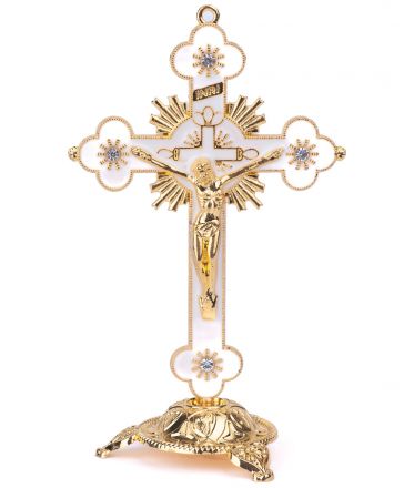 image:Image Kříž stojací kovový v krabičce, barvy bílozlaté, 14 cm