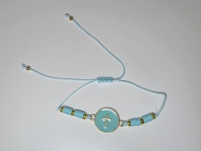 image:Image Náramek šňůrka, křížek v kolečku, světle modrý