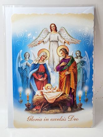 image:Image Přání vánoční - Svatá Rodina a anděl, brokát 16,5 x 11,5 cm