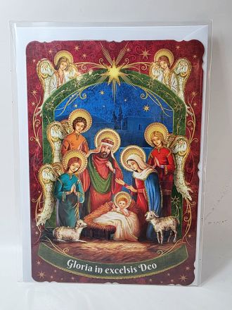 image:Image Přání vánoční - Svatý Rodina s anděly, brokát 16,5 x 11,5 cm