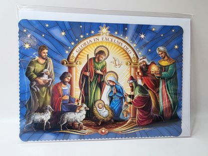 image:Image Přání vánoční - Svatá Rodina, Tři králové a pastýři, brokát 11,5 x 16,5 cm