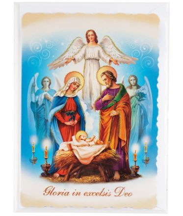 image:Image Přání vánoční - Svatá Rodina a anděl, brokát 16,5 x 11,5 cm