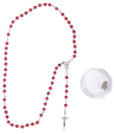 image:Image Růženec v krabičce, vůně růže, medailka PM, křížek papežský